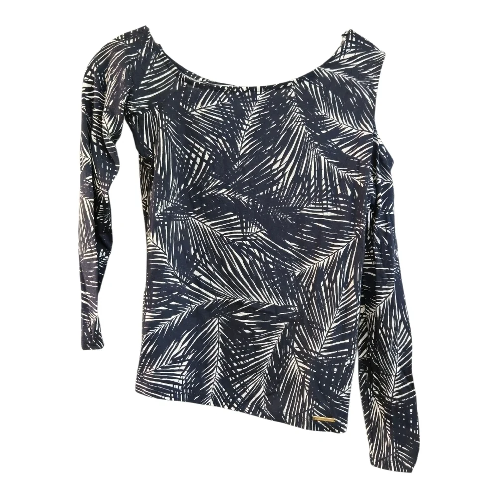 NWT Michael Kors Blue and White Asymmetrical 3/4 Sleeve Blouse, Petite XSMALL